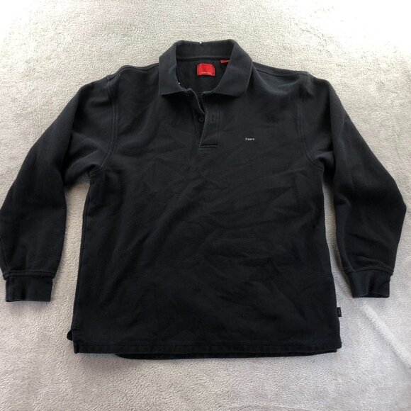 Izod Mens Double Pique Rugby Polo Shirt Medium Black Long Sleeve Classic Casual - Picture 9 of 11